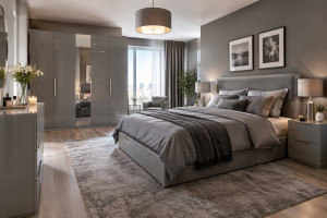 Photo de galerie - Montage de meubles IKEA dans une chambre moderne et élégante, avec un lit gris, des tables de chevet et une armoire. Résultat soigné et harmonieux