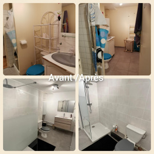 Photo de galerie - Exemple simple de rénovation d'une petite salle de Bain. Électricité, plomberie, sanitaires (meuble, lavabo, douche..) faïence , carrelage..