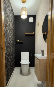 Photo de galerie - Installation complète : WC, meuble lave-mains, miroir, étagères, luminaire ..