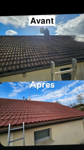 Photo de galerie - Nettoyage de toiture suivi de l'application d'un hydrofuge coloré.