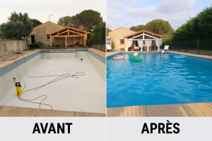 Photo de galerie - Rénovation Piscine & Pool house 
Piscine : nettoyage , Réparation infiltration, jointage mozaique, 
Pool house : Ponçage poutre , traitement bois et peinture