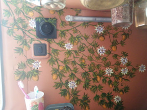 Photo de galerie - Une cuisine qui prend vue dans un camion aménagé... Peinture à l'huile et vernis, on peut passer l'éponge dessus sans problème ! (faut penser au pratique aussi ?) 