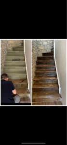 Photo de galerie - Rénovation escalier en plusieurs étapes:
- retirer le lino Et la colle 
- ponçage 
- vernis 