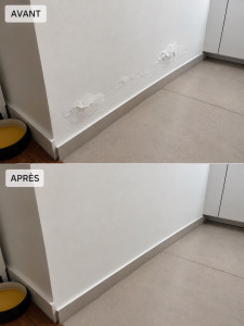 Photo de galerie - Le mur de la cuisine, mitoyen avec la douche, s'est imprégné d'humidité à cause d'une mauvaise étanchéité. J'ai remplacé un morceau de l'ancien placoplâtre gonflé, puis j'ai rebouché les irrégularités à l'enduit avant de peindre.