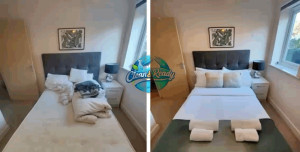 Photo de galerie - Nettoyage complet d’une chambre Airbnb.  Avant / Après : remise en état, lit refait, espace propre et prêt pour les voyageurs.  Travail rapide, soigné et professionnel.