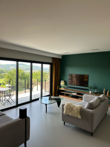 Photo de galerie - Plafond brique toilé ratissé peint , création boîte à rideaux , mise en peinture murs vert velours 