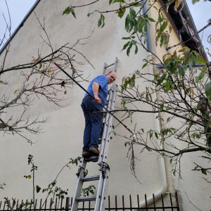 Photo de galerie - Application de la peinture sur le pignon, avec reprise de la partie accessible afin d’uniformiser la façade. Travail réalisé en hauteur sur échelle, avec soin et respect du support existant.