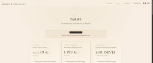 Photo de galerie - Page tarifs de Maison Desplanches : trois formules claires (Essentiel 599 euros, Vitrine complète 1 199 euros, Sur mesure), périmètre écrit, sans surprise.