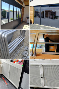 Photo de galerie - Porte coulissantes en alu vitrée 
barrières en alu
porte dessous de meuble SDB