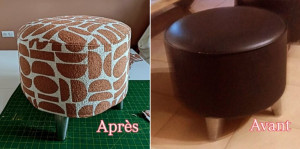 Photo de galerie - Transformation réalisée sur mesure ?
Ce pouf en cuir noir a été entièrement revisité avec un tissu plus clair et graphique, choisi par la cliente pour mieux s’intégrer à son intérieur.
