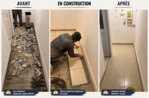 Photo de galerie - Dépose de l'ancien carrelage, préparation du support et pose d'un nouveau carrelage avec des finitions soignées. Nous réalisons tous vos travaux de rénovation avec sérieux, dans le respect des délais et avec un chantier propre. Devis gratuit et interventi