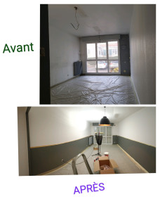 Photo de galerie - Reflexion du salle télé 
Poncage / bouchage des imperfections  / peinture / pose de baguette murale 
