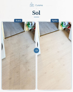 Photo de galerie - Nettoyage en profondeur du sol de cuisine : traces et salissures éliminées.