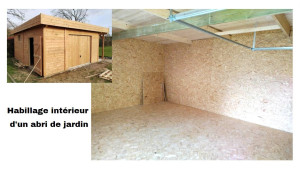 Photo de galerie - Habillage intérieur d'un abri de jardin. Création d'une ossature en bois et pose d'une couche d'isolant puis habillage du sol et des murs en OSB.