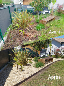 Photo de galerie - Petit coup de jeune pour ces massifs. Désherbage, nettoyage des végétaux, mise en place de bordure en lame acier en Corten et apport de copeaux