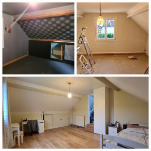 Photo de galerie - Réfection d'une chambre : suppression moquette et papier peint, pose de parquet, enduit, mise en peinture
