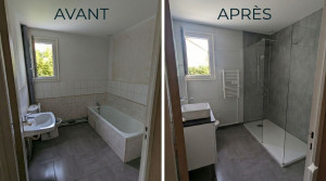 Photo de galerie - Rénovation d'une salle de bain avec dalle de PVC mural DUMAWALL 