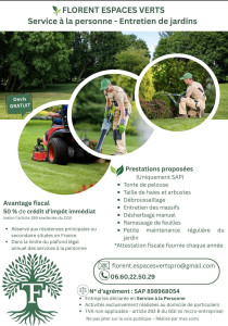 Photo de galerie - Florent Espaces Verts
Auto-entrepreneur spécialisé dans les petits travaux de jardinage à domicile.
Tonte, taille de haies, débroussaillage et entretien régulier.
Travail sérieux et soigné.
Prestations éligibles au crédit d’impôt de 50%.
Devis gratuit.