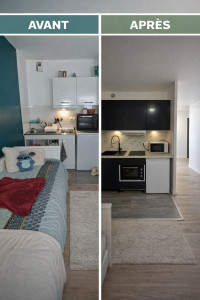 Photo de galerie - Mission montage de cuisine et peinture complète d'un logement. 
Cuisine Brico Dépôt Modèle Dorice Bleu mat. 