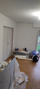 Photo de galerie - Détapisser les murs , application d'enduit, pose de toile de vert lisse plus mis en peinture salon couloir salle de bains ainsi que les toilettes 