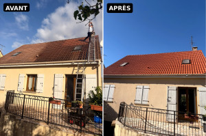 Photo de galerie - Avant / Après – Hydrofuge coloré  Nettoyage et application d’un hydrofuge coloré pour protéger durablement la toiture et lui redonner son aspect d’origine.  Votre toiture a besoin d’un coup de neuf ? Envoyez-moi vos photos directement sur Allovoisins