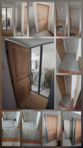 Photo de galerie - Agencement de cloisons avec porte et carrelage au sol.