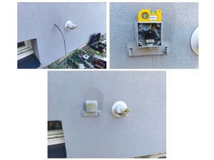 Photo de galerie - Pose d'une prise renforcée LEGRAND Green Up' sur circuit dédié. Pose en exterieur sur facade. Mousse expensive et silicone pour conserver l'etancheité et l'isolation de la facade. 