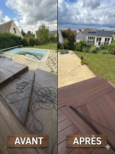 Photo de galerie - Un bon coup de Kärcher et tout retrouve son éclat ! Les dalles et la terrasse en bois sont comme neuves, prêtes pour les beaux jours. Rien de plus satisfaisant qu'un nettoyage en profondeur !