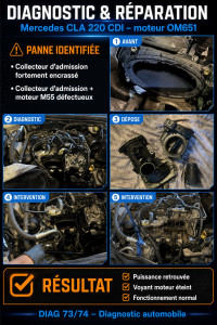 Photo de galerie - Mercedes CLA 220 CDI – OM651.  Diagnostic : collecteur d’admission encrassé et moteur M55 défectueux.  Remplacement, nettoyage admission/EGR et adaptation M55.  Résultat : puissance retrouvée et voyant moteur éteint.