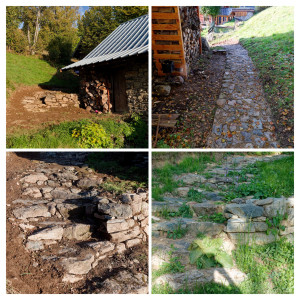 Photo de galerie - Création d'un chemin en pierre sèche , avec quelques marches. ( avec une photo prise quelque temps après ) 