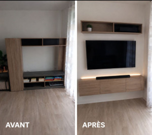 Photo de galerie - Démontage et modification des meubles existants, pose murale du meuble TV, fixation de la télévision au mur, réalisation des finitions et mise en propreté du chantier.