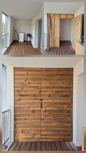 Photo de galerie - Création d'un mur en bois, d'une porte sur mesure et bardage.