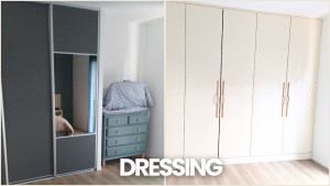 Photo de galerie - Création d’un dressing sur mesure : les portes coulissantes et le miroir (pas très feng shui face au lit) ont été remplacés par un linéaire sobre et élégant, agrémenté de magnifiques poignées en bois.