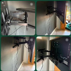 Photo de galerie - Installation d'un support mural TV articulé et pose d'une prise électrique quadruple. Travail soigné et sécurisé. #bricoleur #electricien #supporttv #bricolage