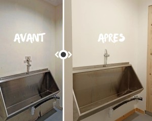 Photo de galerie - Remise en état sanitaire d'une brasserie a Lorient. 
Placo, enduit, peinture.
