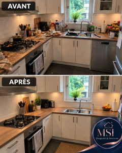 Photo de galerie - Nettoyage complet d’une cuisine : dégraissage des surfaces, nettoyage du plan de travail, de l’évier, des plaques de cuisson et des façades. Un résultat propre, soigné et impeccable avec MSI Propreté & Services.