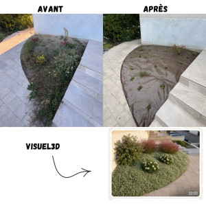 Photo de galerie - Désherbage et réaménagement du massif avec plantation d’un couvre-sol végétal.  Un jardin plus propre et harmonieux, tout en valorisant les arbustes existants.  Un visuel 3D réalisé en amont pour se projeter dans le résultat final !