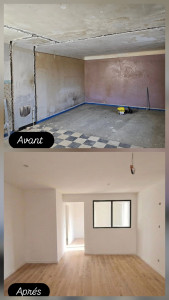 Photo de galerie - Creation d’un studio de 25m²
- ceration de plafond suspendu sur tige fileter
- creation de doublage 
- creation de cloison separative avec aménagement intérieur 
- Joints pour plaque de platre 
- ponçage , peinture 
- pose de parquet stratifier 
