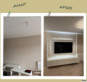Photo de galerie - Pause murale décorative composée de panneaux MDF sur mesure, avec éclairage LED périphérique intégré, créant un effet rétro-éclairé. L’ensemble est complété par un meuble suspendu, fixé sans pieds apparents, pour un rendu moderne et épuré.