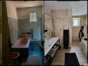 Photo de galerie - Modification complète d'une salle de bains avec douche italienne plus baignoire. Pose de travertin.