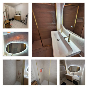 Photo de galerie - Refaire une salle de bain (carrelage .douche a l'italienne. évacuation et arrivée d'eau et modification électrique. enduit)