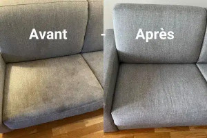 Photo de galerie - Nettoyage de canapé - Résultat impressionnant
Photo avant/après démontrant l'efficacité de notre service de nettoyage de canapé en tissu. L'assise présentait des taches jaunâtres et une usure visible. Après notre traitement professionnel, le canapé retrou