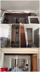 Photo de galerie - `Habillage des tableaux d’une ouverture ainsi que le linteau et rebouchage d'une ancienne porte en plaques de plâtre BA13. Réalisation des joints, bandes et enduits de finition.`