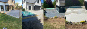 Photo de galerie - Avant et après terrassement pour une coque de piscine dallage pour terrasse 120m2 avant la pose des dalles sur plots .