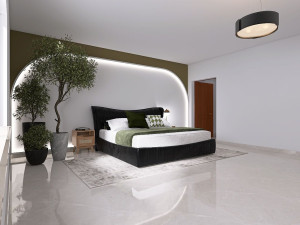 Photo de galerie - Chambre principale Afrochic aux tons olive et blanc, sublimée par une arche lumineuse LED encadrant un lit en cuir noir, avec une touche végétale authentique apportée par un olivier majestueux.