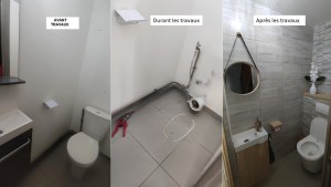 Photo de galerie - Rénovation WC, Siège suspendu, vasque, Miroir et carrelage mural 