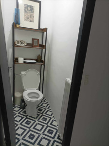 Photo de galerie - Rénovation WC
pose sol PVC
remplacement d'un WC  
pose de faut plafond 
