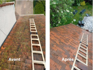 Photo de galerie - Nettoyage de toiture avant et après intervention : un résultat impeccable grâce à notre traitement spécialisé