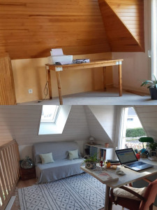 Photo de galerie - Rénovation mezzanine. création fenêtre de toit. reprise contre chevronnage. isolation renforcée + pare vapeur. lambris blanc raboté choisi par le client