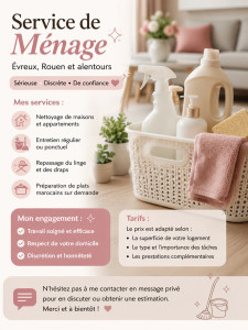 Photo de galerie - Services de ménage à domicile. Sérieuse, discrète et soigneuse. Nettoyage de maisons et d’appartements à Évreux, Gravigny et alentours. Ménage ponctuel ou régulier. Contactez-moi pour un devis. 